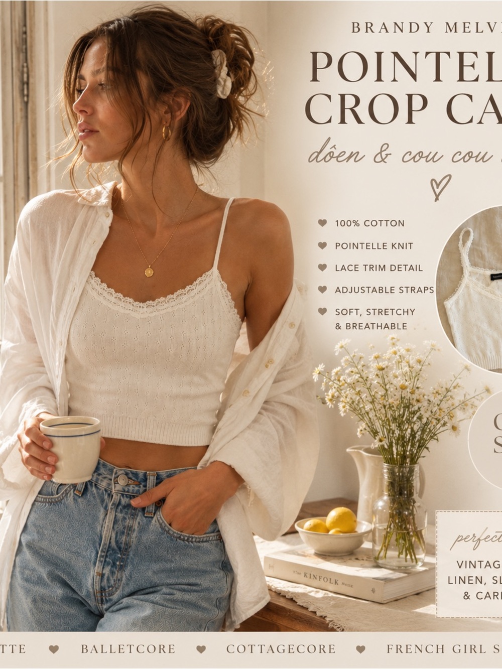 Brandy Melville Pointelle Cotton Lace Cami ♡ Dôen Cou Cou Coquette Ballet Core